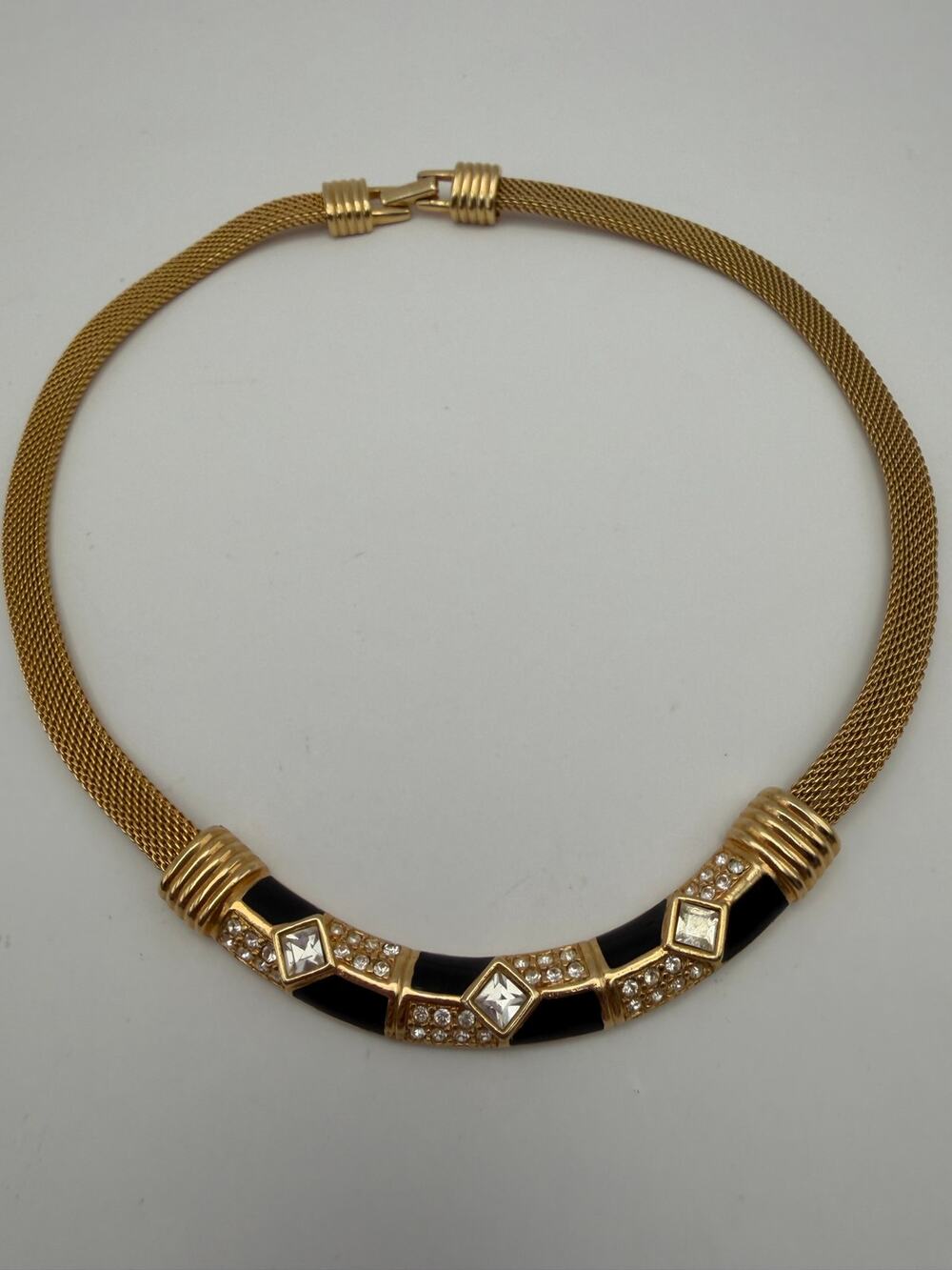 Vintage Swarovski Swan Logo Black Enamel Crystal Collar Choker Mesh Necklace 80s